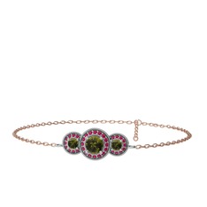 Peridot ve rodolit garnet 14 ayar beyaz altın bilezik (17 cm rose altın rolo zincir)