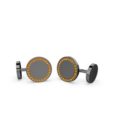 Taşlı Daire Kol Düğmesi - Sitrin 925 ayar siyah rodyum kaplama gümüş kol düğmesi #nglidt