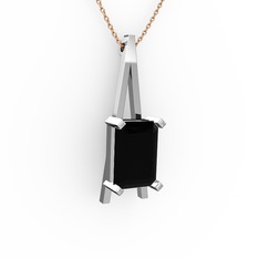 Şovale Kolye - Siyah zirkon 8 ayar beyaz altın kolye (40 cm gümüş rolo zincir) #4k19ox