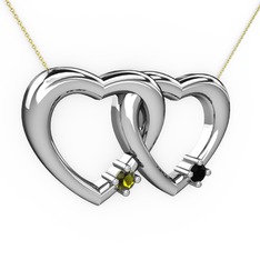 İkili Kalp Kolye - Peridot ve siyah zirkon 18 ayar beyaz altın kolye (40 cm altın rolo zincir) #13ftit3