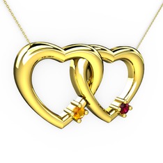 İkili Kalp Kolye - Sitrin ve rodolit garnet 14 ayar altın kolye (40 cm gümüş rolo zincir) #168q989