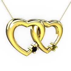 İkili Kalp Kolye - Siyah zirkon ve peridot 8 ayar altın kolye (40 cm altın rolo zincir) #19ck12l