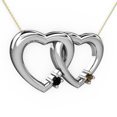 İkili Kalp Kolye - Siyah zirkon ve dumanlı kuvars 8 ayar beyaz altın kolye (40 cm altın rolo zincir) #1cdeomf