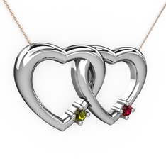 İkili Kalp Kolye - Peridot ve rodolit garnet 14 ayar beyaz altın kolye (40 cm rose altın rolo zincir) #1glizzv
