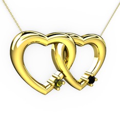 İkili Kalp Kolye - Peridot ve siyah zirkon 8 ayar altın kolye (40 cm gümüş rolo zincir) #1kuvbp0