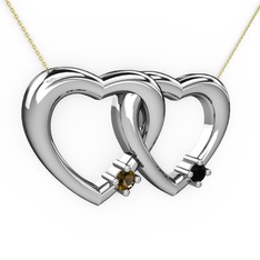İkili Kalp Kolye - Dumanlı kuvars ve siyah zirkon 14 ayar beyaz altın kolye (40 cm altın rolo zincir) #1nsjpuj