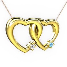İkili Kalp Kolye - Pırlanta ve akuamarin 8 ayar altın kolye (0.036 karat, 40 cm rose altın rolo zincir) #1pvlida