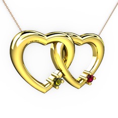 İkili Kalp Kolye - Peridot ve rodolit garnet 18 ayar altın kolye (40 cm rose altın rolo zincir) #1uk2rel