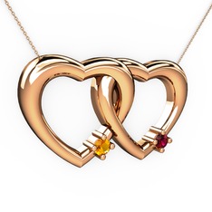 İkili Kalp Kolye - Sitrin ve rodolit garnet 8 ayar rose altın kolye (40 cm gümüş rolo zincir) #aoo2r