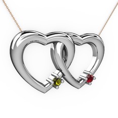 İkili Kalp Kolye - Peridot ve garnet 8 ayar beyaz altın kolye (40 cm rose altın rolo zincir) #ensv6f