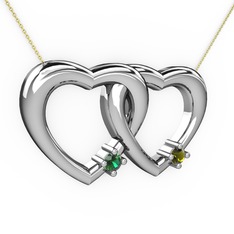 İkili Kalp Kolye - Yeşil kuvars ve peridot 8 ayar beyaz altın kolye (40 cm altın rolo zincir) #puqw8c