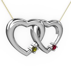 İkili Kalp Kolye - Peridot ve rodolit garnet 18 ayar beyaz altın kolye (40 cm altın rolo zincir) #qr7efx
