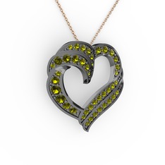 Kalp Kolye - Peridot 925 ayar siyah rodyum kaplama gümüş kolye (40 cm rose altın rolo zincir) #1mx5eyc
