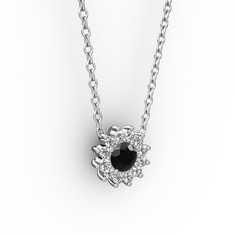 Pırlanta Çiçek Kolye - Siyah zirkon ve pırlanta 8 ayar beyaz altın kolye (0.1056 karat, 40 cm gümüş rolo zincir) #10tx804