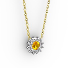 Pırlanta Çiçek Kolye - Sitrin ve pırlanta 14 ayar beyaz altın kolye (0.1056 karat, 40 cm altın rolo zincir) #1hp30th