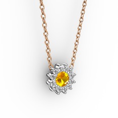 Pırlanta Çiçek Kolye - Sitrin ve pırlanta 8 ayar beyaz altın kolye (0.1056 karat, 40 cm rose altın rolo zincir) #1p4a2di