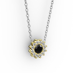 Pırlanta Çiçek Kolye - Siyah zirkon ve pırlanta 14 ayar altın kolye (0.1056 karat, 40 cm beyaz altın rolo zincir) #1pobnqk