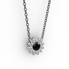 Pırlanta Çiçek Kolye - Siyah zirkon ve pırlanta 925 ayar gümüş kolye (0.1056 karat, 40 cm gümüş rolo zincir) #1shdrk