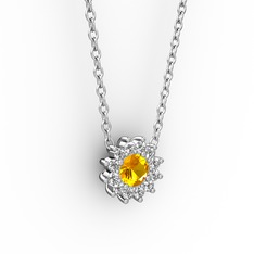 Pırlanta Çiçek Kolye - Sitrin ve pırlanta 14 ayar beyaz altın kolye (0.1056 karat, 40 cm beyaz altın rolo zincir) #39mhsl