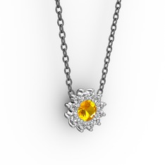 Pırlanta Çiçek Kolye - Sitrin ve pırlanta 18 ayar beyaz altın kolye (0.1056 karat, 40 cm gümüş rolo zincir) #7wxbf