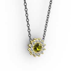 Pırlanta Çiçek Kolye - Peridot ve pırlanta 14 ayar altın kolye (0.1056 karat, 40 cm gümüş rolo zincir) #ahoqic