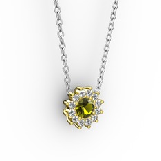 Pırlanta Çiçek Kolye - Peridot ve pırlanta 18 ayar altın kolye (0.1056 karat, 40 cm gümüş rolo zincir) #auda0r