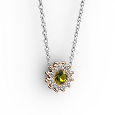 Pırlanta Çiçek Kolye - Peridot ve pırlanta 14 ayar rose altın kolye (0.1056 karat, 40 cm gümüş rolo zincir) #m7uyjx