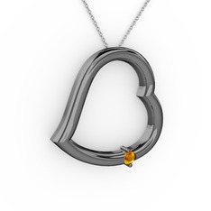 Kalpli Tektaş Kolye - Sitrin 925 ayar siyah rodyum kaplama gümüş kolye (40 cm beyaz altın rolo zincir) #bi1eq3