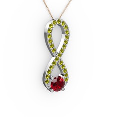 Garnet ve peridot 8 ayar beyaz altın kolye (40 cm rose altın rolo zincir)