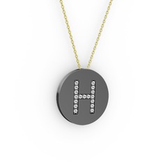 H Baş Harf Kolye - Pırlanta 925 ayar siyah rodyum kaplama gümüş kolye (0.1496 karat, 40 cm altın rolo zincir) #11bezgv