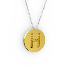 H Baş Harf Kolye - Sitrin 8 ayar altın kolye (40 cm beyaz altın rolo zincir) #12mbfjd