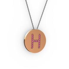 H Baş Harf Kolye - Rodolit garnet 8 ayar rose altın kolye (40 cm gümüş rolo zincir) #12n6m3k