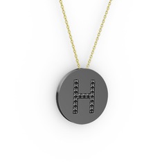 H Baş Harf Kolye - Siyah zirkon 925 ayar siyah rodyum kaplama gümüş kolye (40 cm altın rolo zincir) #13jiiew