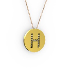 H Baş Harf Kolye - Dumanlı kuvars 18 ayar altın kolye (40 cm gümüş rolo zincir) #155blks