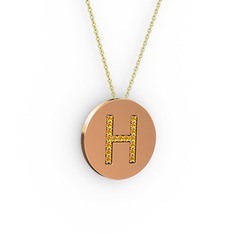 H Baş Harf Kolye - Sitrin 8 ayar rose altın kolye (40 cm altın rolo zincir) #15xia44