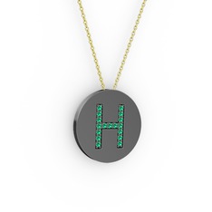 H Baş Harf Kolye - Yeşil kuvars 925 ayar siyah rodyum kaplama gümüş kolye (40 cm altın rolo zincir) #17pjd4z