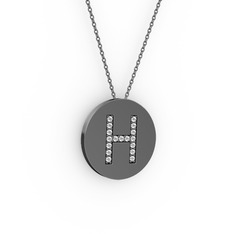 H Baş Harf Kolye - Beyaz zirkon 925 ayar siyah rodyum kaplama gümüş kolye (40 cm gümüş rolo zincir) #1cc4xoq