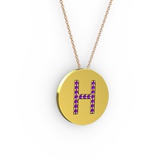 H Baş Harf Kolye - Ametist 14 ayar altın kolye (40 cm rose altın rolo zincir) #1cgm979