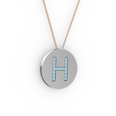 H Baş Harf Kolye - Akuamarin 925 ayar gümüş kolye (40 cm rose altın rolo zincir) #1f7qep2