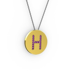 H Baş Harf Kolye - Ametist 8 ayar altın kolye (40 cm gümüş rolo zincir) #1jfjbx9