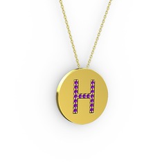 H Baş Harf Kolye - Ametist 14 ayar altın kolye (40 cm gümüş rolo zincir) #1jrugh5