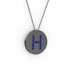 H Baş Harf Kolye - Lab safir 925 ayar siyah rodyum kaplama gümüş kolye (40 cm gümüş rolo zincir) #1mmdfin