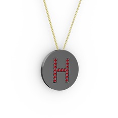 H Baş Harf Kolye - Garnet 925 ayar siyah rodyum kaplama gümüş kolye (40 cm altın rolo zincir) #1payolh