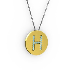 H Baş Harf Kolye - Akuamarin 14 ayar altın kolye (40 cm gümüş rolo zincir) #2lz7kc