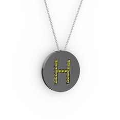 H Baş Harf Kolye - Peridot 925 ayar siyah rodyum kaplama gümüş kolye (40 cm beyaz altın rolo zincir) #80i49a