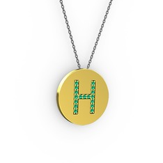 H Baş Harf Kolye - Yeşil kuvars 8 ayar altın kolye (40 cm gümüş rolo zincir) #946bnu
