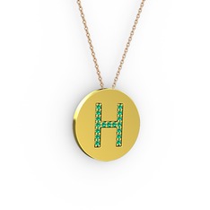 H Baş Harf Kolye - Yeşil kuvars 14 ayar altın kolye (40 cm gümüş rolo zincir) #g23gul