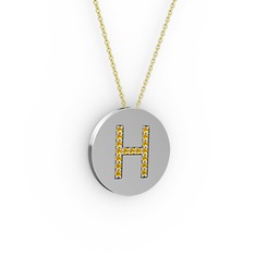 H Baş Harf Kolye - Sitrin 8 ayar beyaz altın kolye (40 cm altın rolo zincir) #isr3uk