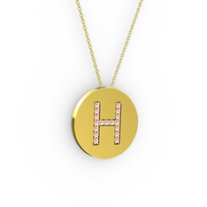 H Baş Harf Kolye - Pembe kuvars 14 ayar altın kolye (40 cm gümüş rolo zincir) #n5a0cb