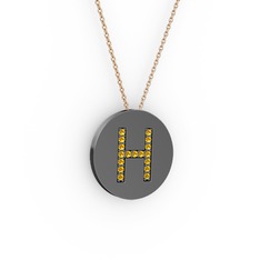 H Baş Harf Kolye - Sitrin 925 ayar siyah rodyum kaplama gümüş kolye (40 cm rose altın rolo zincir) #qz3zbd